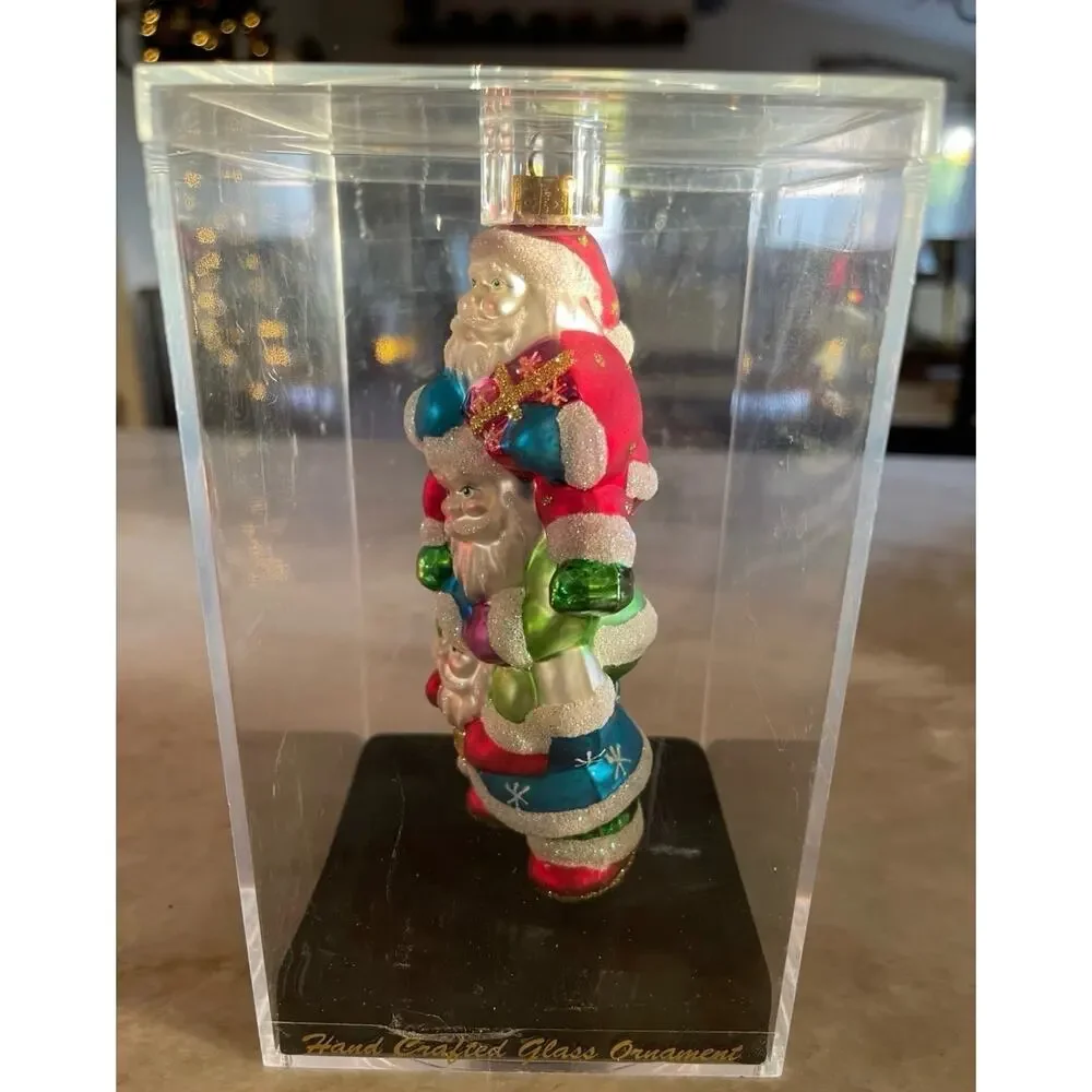 Vintage handcrafted blown glass triple Santa’s ornament new in box 2004
